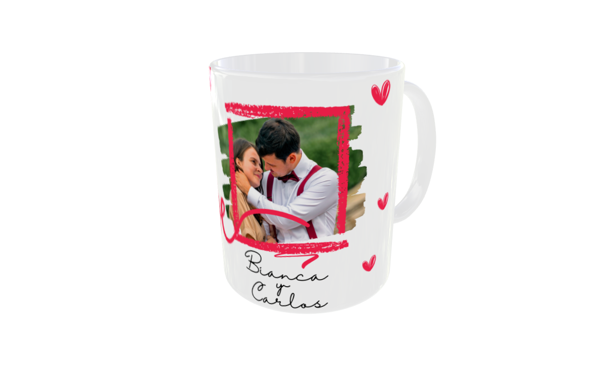 Taza personalizada con foto y nombres – Diseño LOVE