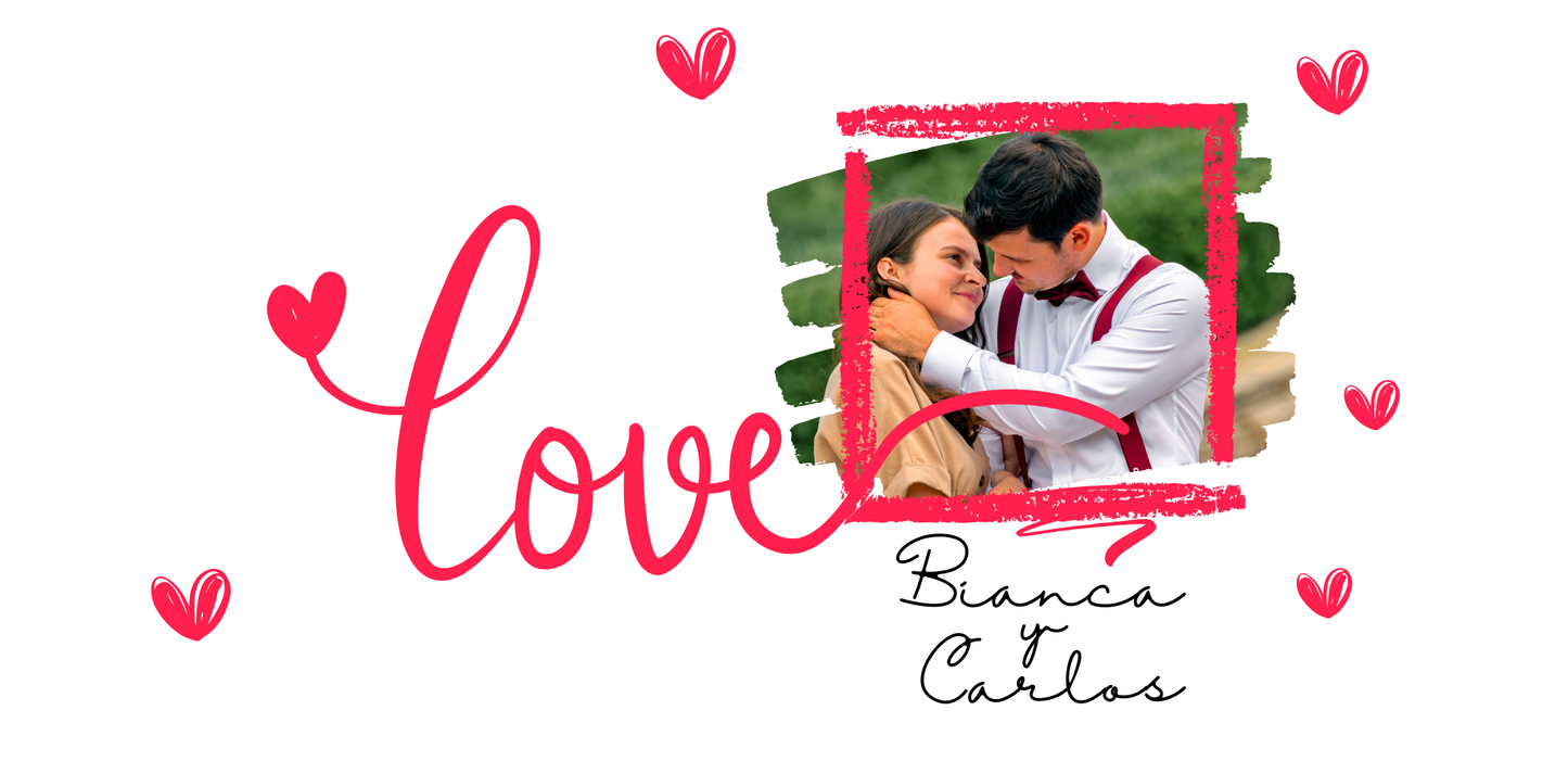 Taza personalizada con foto y nombres – Diseño LOVE